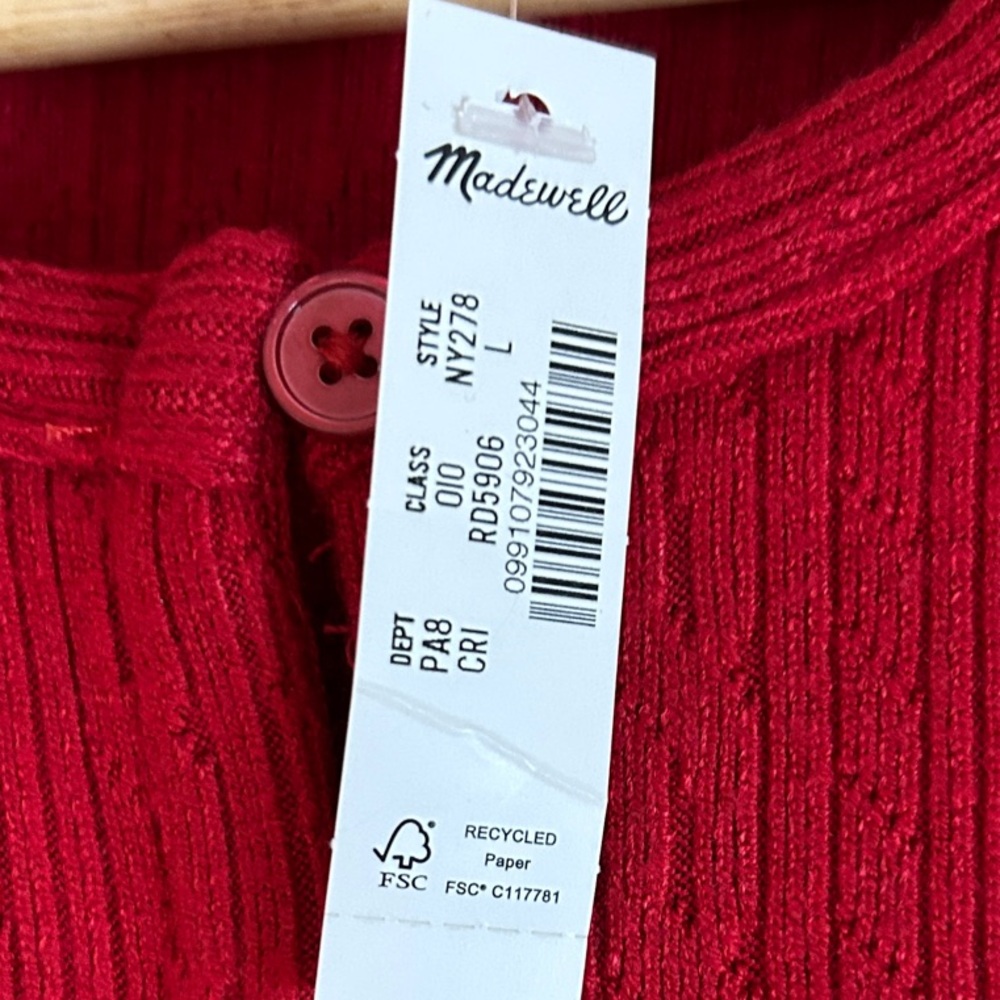 NWT- Madewell Bright Red Ribbed Button-Front Tank - Picture 3 of 6